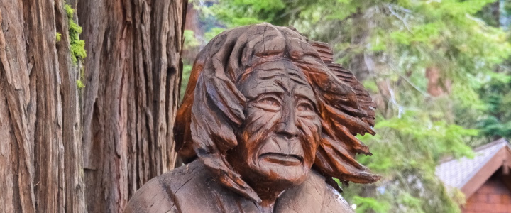 Photo of wood sculpture of elderly woman near tree and cabin