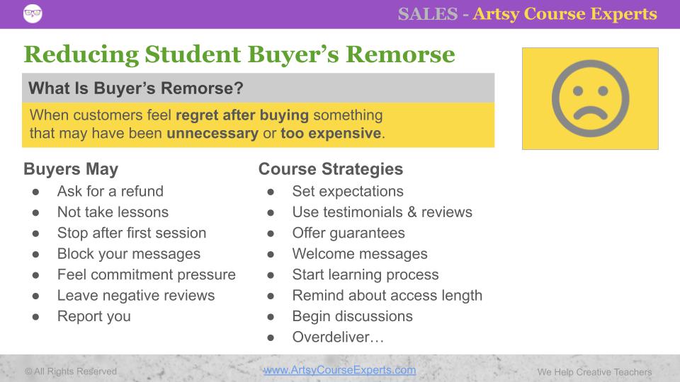 Slide with tips on how to reduce buyers remorse for online course students