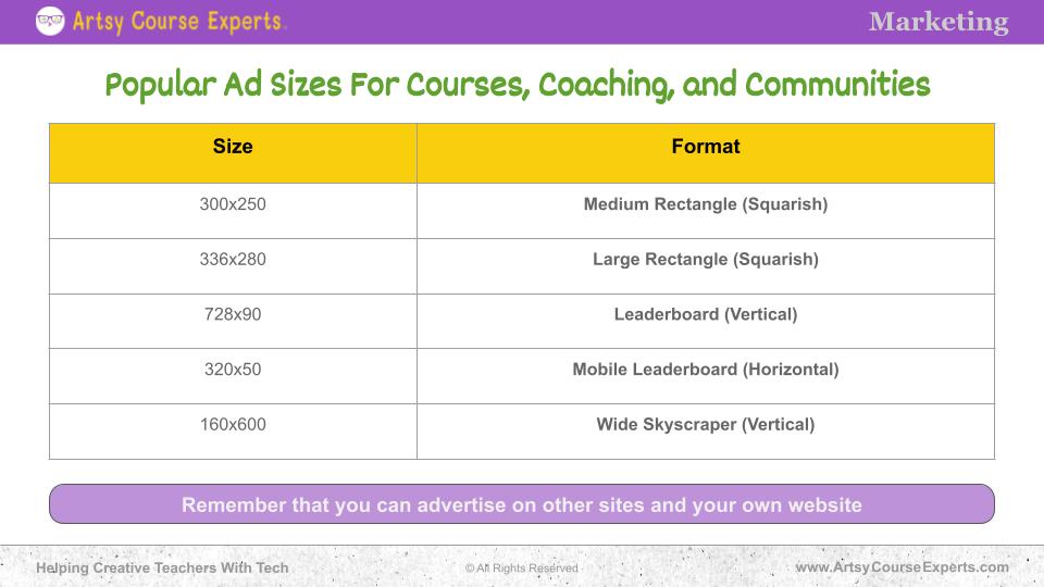 Table With Ad Sizes For Course Teachers And Experts