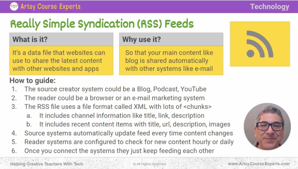 Slide that explains what Really Simple Syndication Feeds helps Creative Course Teachers to share the latest content with other websites and apps.