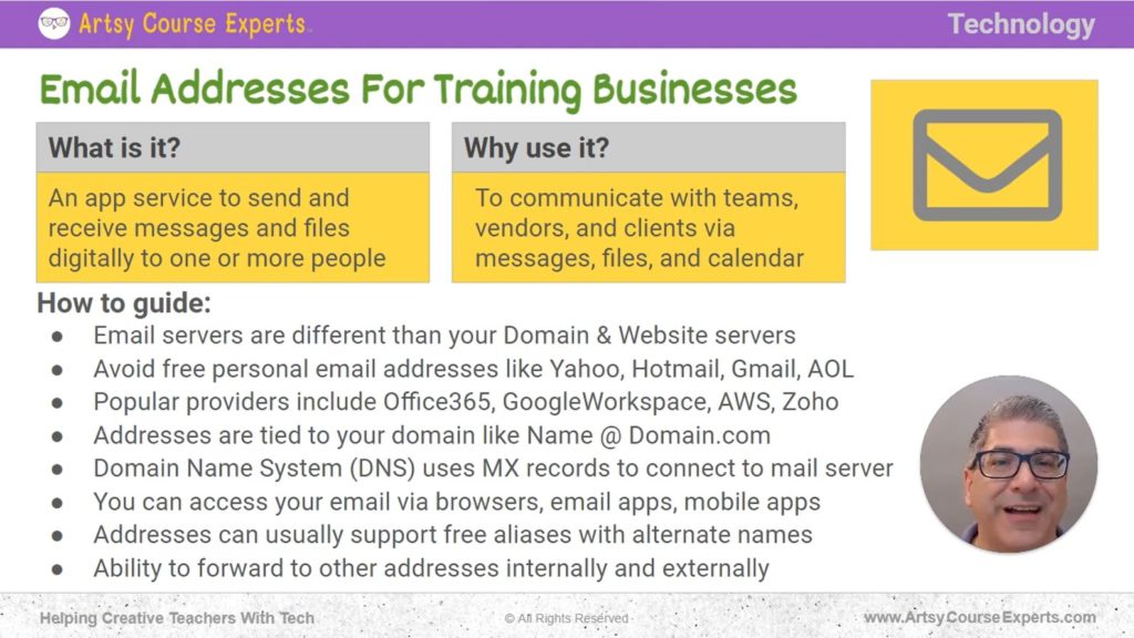 Slide that explains what Email Addresses means and how creative teachers can use it for training businesses.