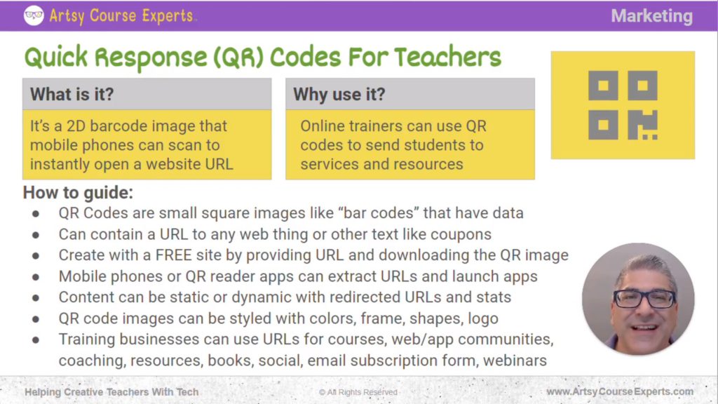 Slide that explains what QR Codes means and how creative teachers can use it.