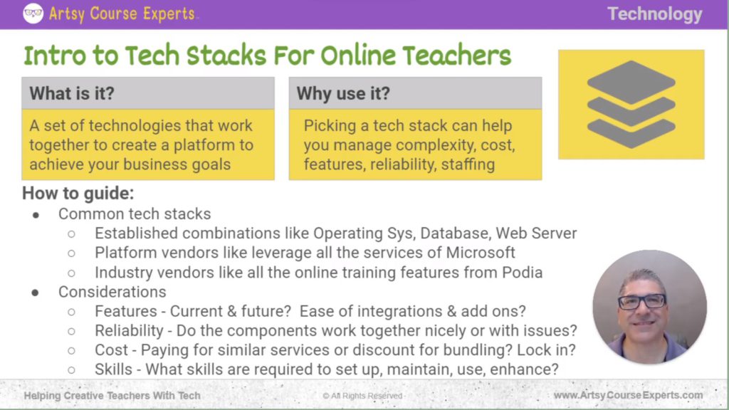 Slide that explains what Tech Stacks are and how online teachers can use it through a given guide