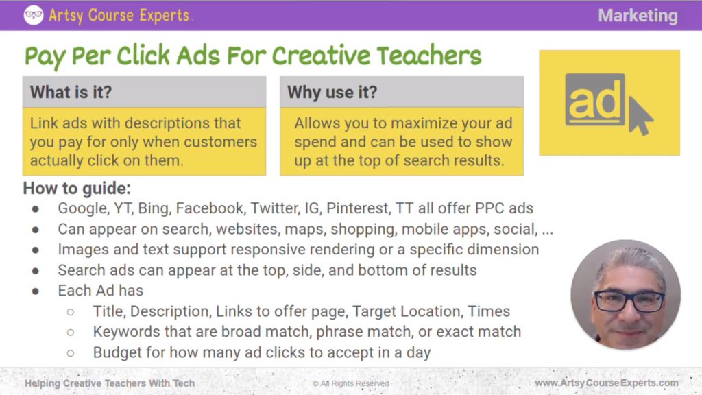Slide that explains what Pay Per Click means and how online teachers can use it through a given guide