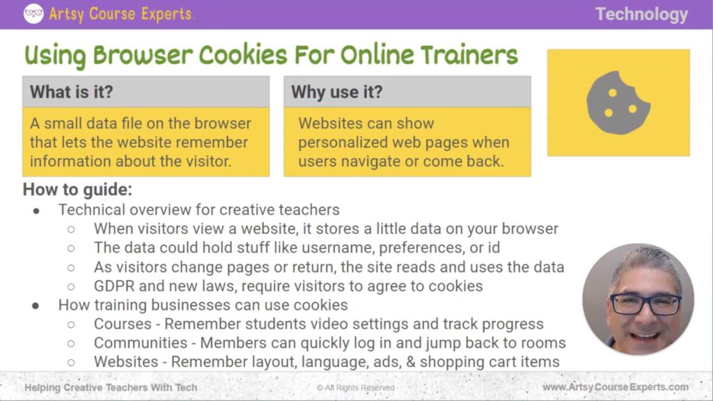 Slide that explains what Cookies are and how online teachers can use it through a given guide.